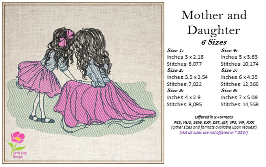 Mother and Daughter Machine Embroidery Design | Mother’s Day Design | Woman and Little Girl in Pink and Blue | 6 Sizes (0681)