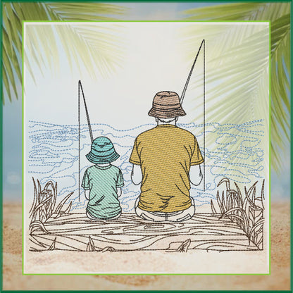 Father and Son Fishing Machine Embroidery Design, Father’s Day Design, Dad and Son Fishing on the Dock Sketch Design, 6 Sizes (0680)