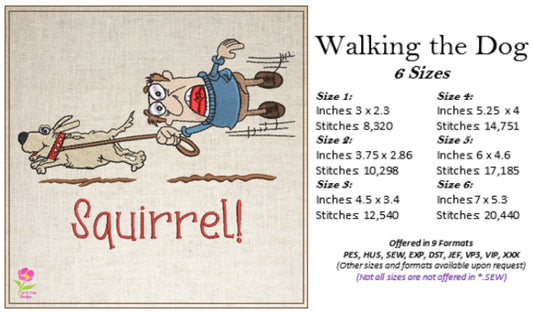 Walking the Dog Machine Embroidery Design | Dog and Squirrel Humor | Funny Quotes and Sayings | 6 Sizes (0726)
