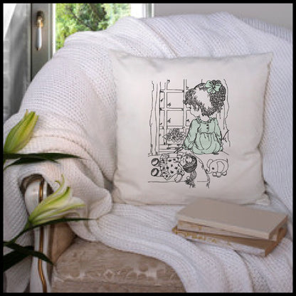 Little Girl Waiting Machine Embroidery Design | Girl Sitting in Window Sketch | Child with Doll Embroidery | 6 Sizes (0729)