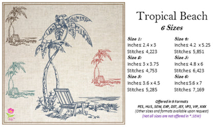 Tropical Beach Scene Machine Embroidery Sketch Design | Summer Embroidery | Beach Chair Pattern | 6 Sizes (0733)