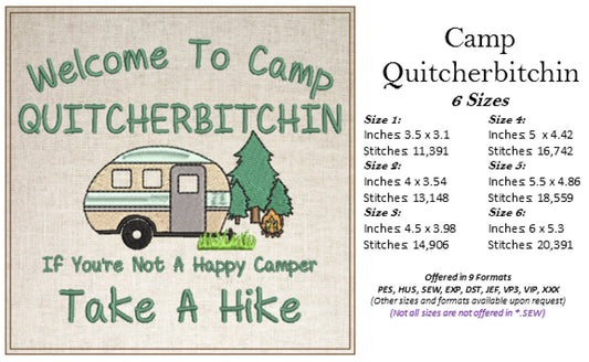 Camp Quitcherbitchin Machine Embroidery Design | Funny Camping Saying | Humorous Quote Embroidery Design | 6 Sizes (0701)