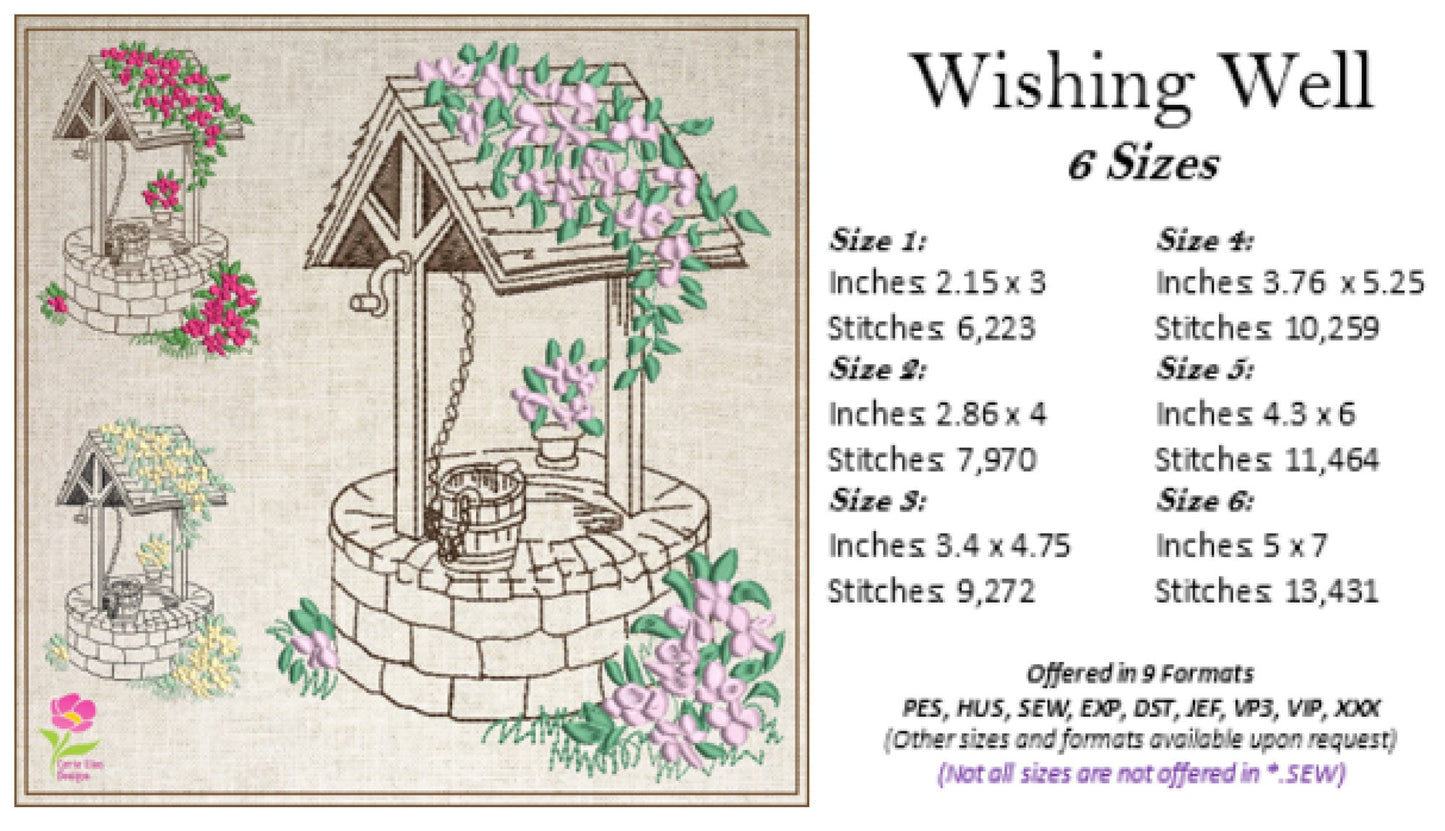 Wishing Well Machine Embroidery Design | Artistic Sketch Landscape | Home and Garden Line Art | 6 Sizes (0732)