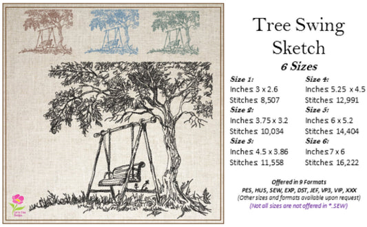 Tree Swing Sketch Machine Embroidery Design | Oak Tree Garden Line Art | 6 Sizes (0727)