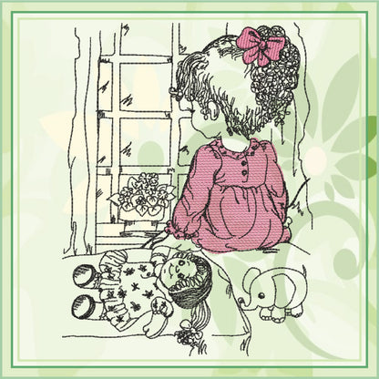 Little Girl Waiting Machine Embroidery Design | Girl Sitting in Window Sketch | Child with Doll Embroidery | 6 Sizes (0729)