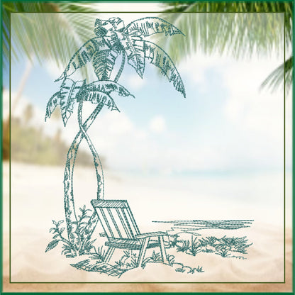 Tropical Beach Scene Machine Embroidery Sketch Design | Summer Embroidery | Beach Chair Pattern | 6 Sizes (0733)