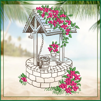 Wishing Well Machine Embroidery Design | Artistic Sketch Landscape | Home and Garden Line Art | 6 Sizes (0732)