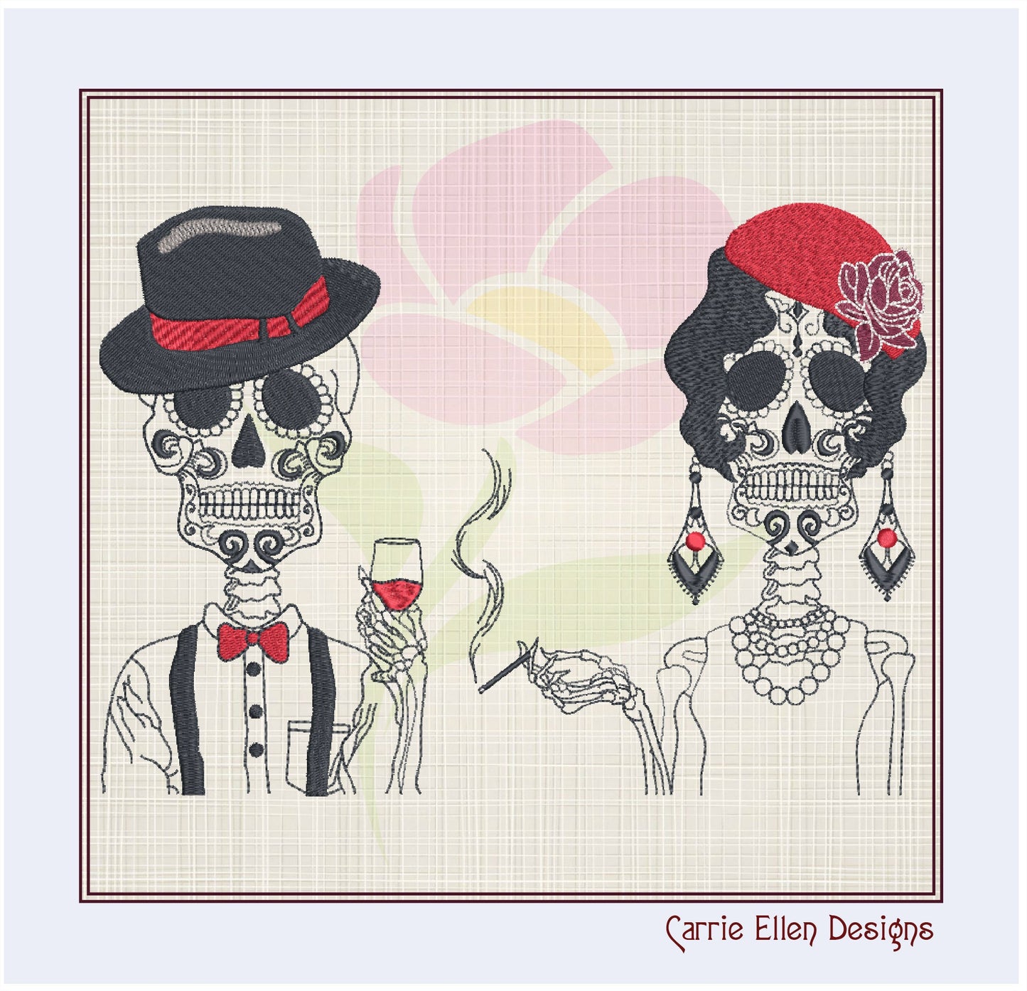 Sugar Skull Couple Machine Embroidery Design Bundle | Day of the Dead Skeletons | Dia De Los Muertos Embroidery | 2 Designs, 8 Sizes (0844)