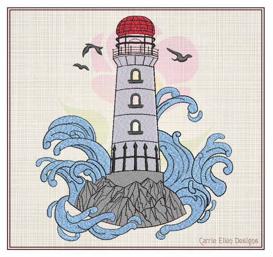 Lighthouse Machine Embroidery Design – Coastal Island & Artistic Waves Seaside Landscape, 8 Sizes (0815)