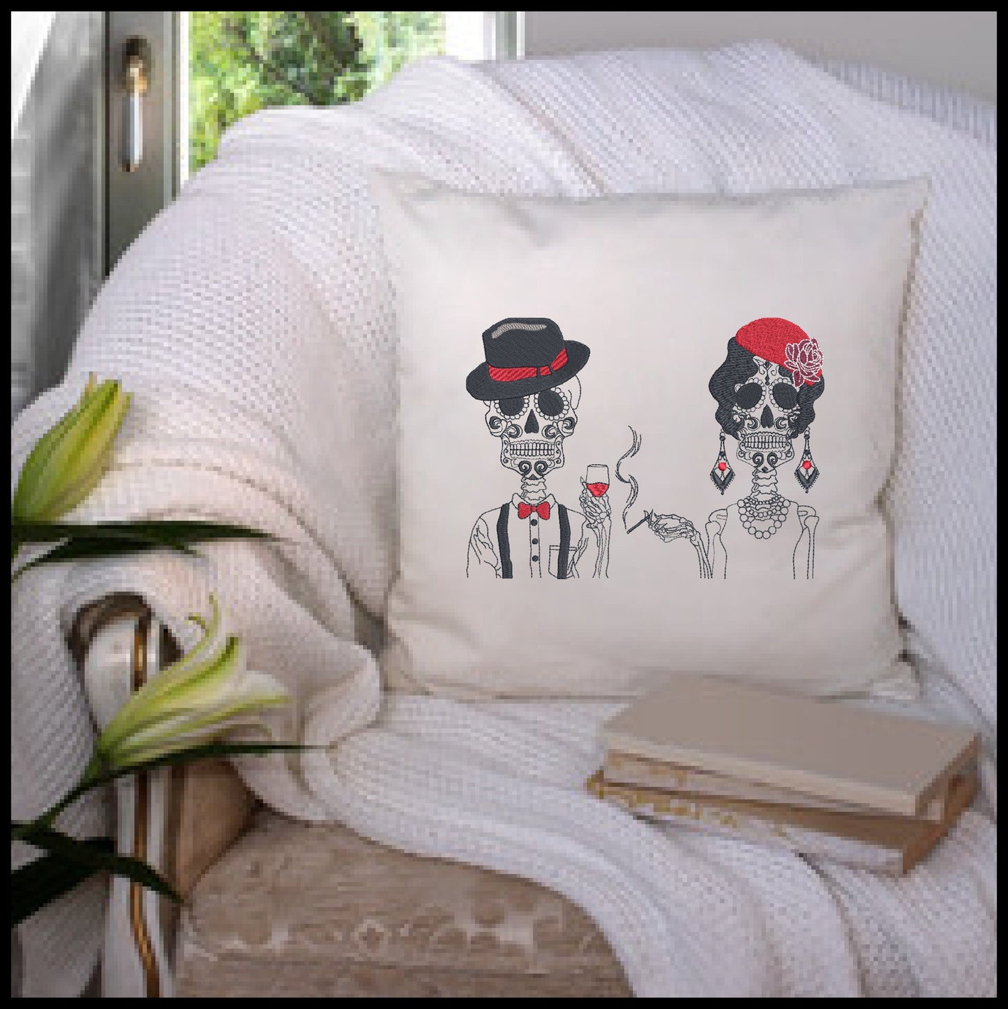 Sugar Skull Couple Machine Embroidery Design Bundle | Day of the Dead Skeletons | Dia De Los Muertos Embroidery | 2 Designs, 8 Sizes (0844)