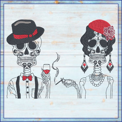 Sugar Skull Couple Machine Embroidery Design Bundle | Day of the Dead Skeletons | Dia De Los Muertos Embroidery | 2 Designs, 8 Sizes (0844)