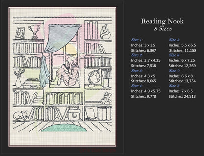 Book Nook Machine Embroidery Design | Girl in Window Reading Embroidery Drawing | Artistic Sketch Design | 8 Sizes (0923)