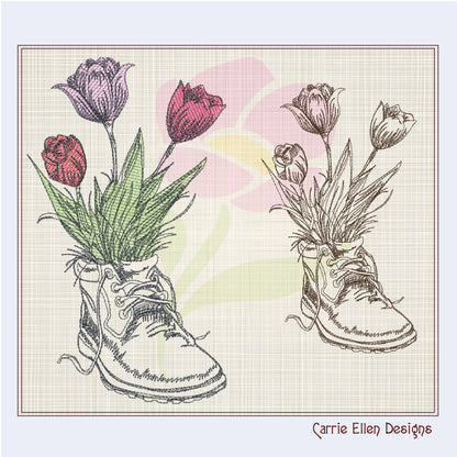 Combat Boot with Flowers Machine Embroidery Design | Floral Military Boot Sketch | Army Boot Embroidery Pattern | 8 Sizes (0926)