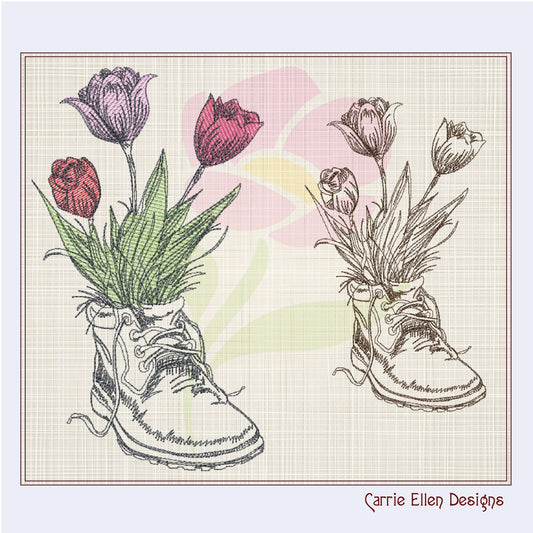 Combat Boot with Flowers Machine Embroidery Design | Floral Military Boot Sketch | Army Boot Embroidery Pattern | 8 Sizes (0926)