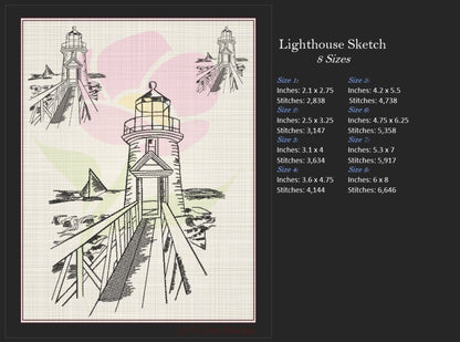 Rocky Pier Lighthouse Sketch Machine Embroidery Design – Coastal Seaside Landscape Pattern, 8 Sizes (0934)