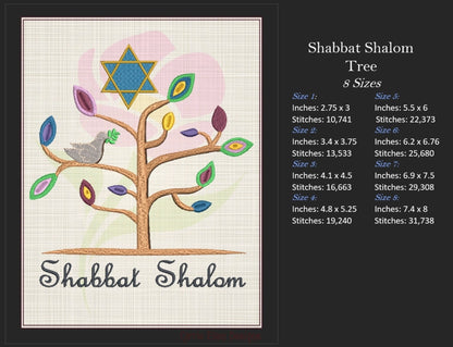 Shabbat Shalom Tree Machine Embroidery Design | Tree of Life with Dove & Star of David | Jewish Holiday Embroidery Design | 8 Sizes (0917)