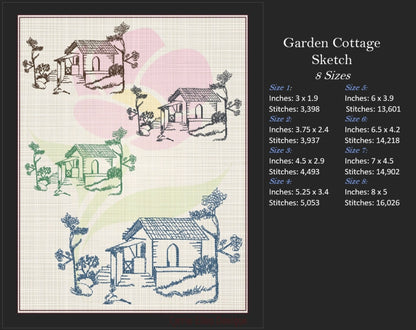 Garden Cottage Sketch Machine Embroidery Design | Artistic Line Art Landscape Design | Cottage Embroidery | 8 Sizes (0920)