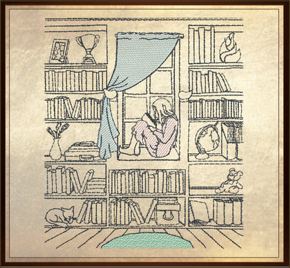 Book Nook Machine Embroidery Design | Girl in Window Reading Embroidery Drawing | Artistic Sketch Design | 8 Sizes (0923)