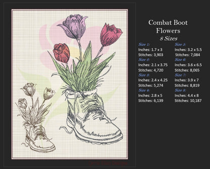 Combat Boot with Flowers Machine Embroidery Design | Floral Military Boot Sketch | Army Boot Embroidery Pattern | 8 Sizes (0926)