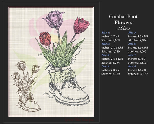 Combat Boot with Flowers Machine Embroidery Design | Floral Military Boot Sketch | Army Boot Embroidery Pattern | 8 Sizes (0926)