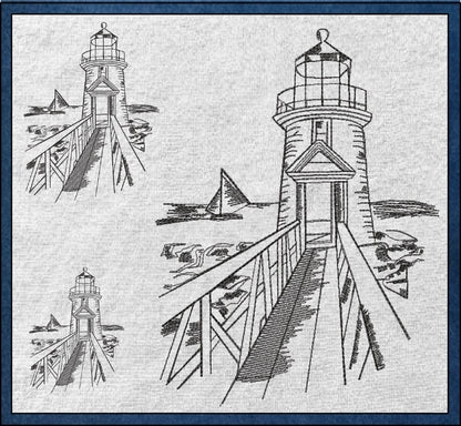 Rocky Pier Lighthouse Sketch Machine Embroidery Design – Coastal Seaside Landscape Pattern, 8 Sizes (0934)