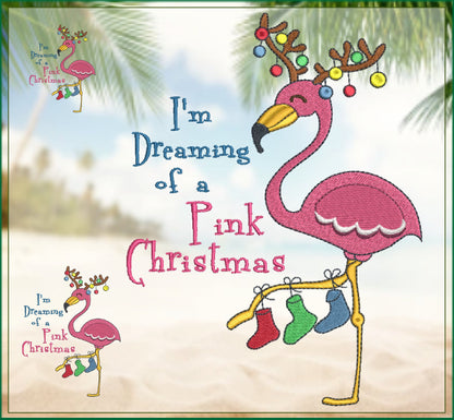 Pink Christmas Machine Embroidery Design | Flamingo Holiday Embroidery | Dreaming of a Pink Xmas | 8 Sizes (0977)
