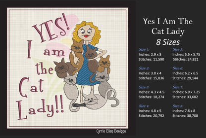 Yes I Am The Cat Lady Embroidery Design – Funny Cartoon Saying for Kitchen Aprons & Gifts, 8 Sizes (1077)
