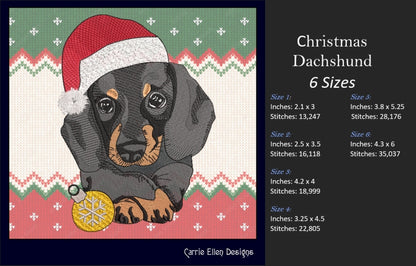 Christmas Dachshund Dog Embroidery Design – Dachshund in Santa Hat, 6 Sizes (1089)