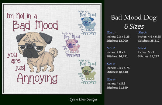Grumpy Dog Machine Embroidery Design – “I’m Not in a Bad Mood” Funny Dog Saying, 6 Sizes (1235)