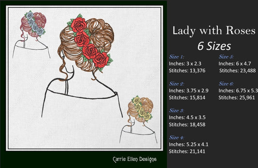 Lady with Roses Machine Embroidery Design – Elegant Woman Sketch Art, 6 Sizes (1243)