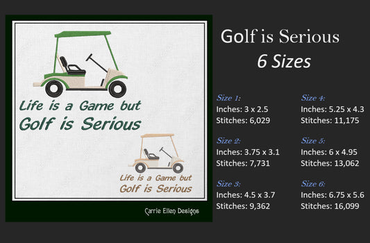 Golf Cart Machine Embroidery, Golf is Serious Machine Embroidery Design, Sport Embroidery, Golf Lover, Golf Life, 6 Sizes (0138)