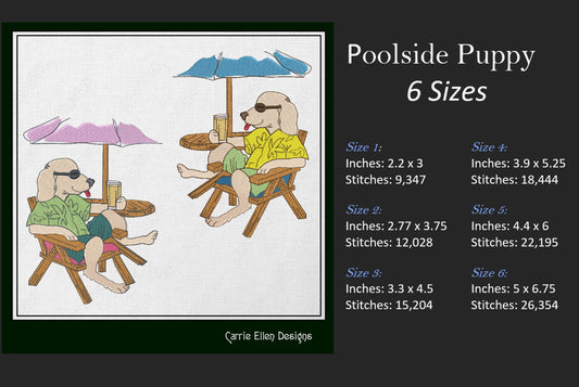 Poolside Puppy Embroidery Design, Funny Cartoon Dog Drinking by the Pool, 6 Sizes (1489)