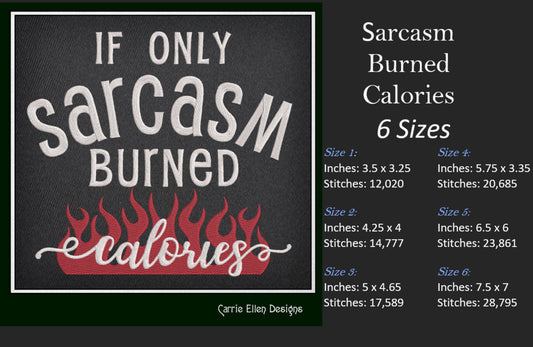 Sarcasm Burned Calories Machine Embroidery Design – Funny Quotes and Sayings – 6 Sizes (1539)
