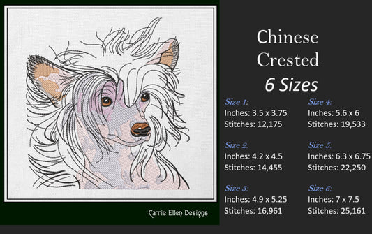 Chinese Crested Dog Machine Embroidery Design – Toy Breed Pet Lover Pattern – 6 Sizes (1544)