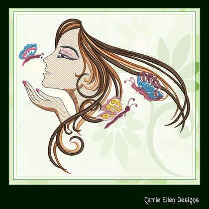 Kissing Butterflies Machine Embroidery Design – Anime Lady with Butterflies, Artistic Woman, 6 Sizes (1690)