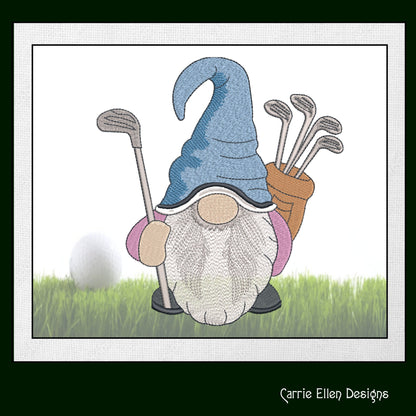 Golfer Gnome Machine Embroidery Design | Fun Golf Design | Gnome with Golf Clubs and Golf Bag | 6 Sizes (1702)