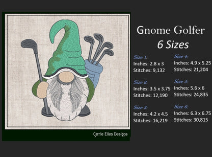 Golfer Gnome Machine Embroidery Design | Fun Golf Design | Gnome with Golf Clubs and Golf Bag | 6 Sizes (1702)