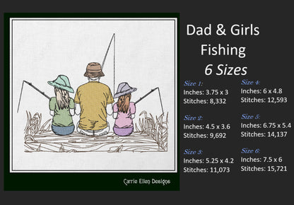 Father and Daughters Fishing Machine Embroidery Sketch Design, Father’s Day Line Art Design, Dad and Girls Fishing on a Dock Sketch Embroidery, 8 Sizes (1182)