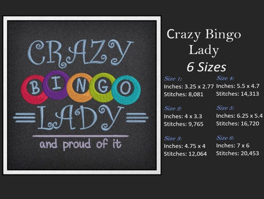 Crazy Bingo Lady Machine Embroidery Design. Proud Bingo Lady Embroidery, Bingo Balls Embroidery Pattern, 6 Sizes (0470)