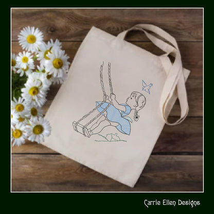 Vintage Girl on Swing Machine Embroidery Design | Artistic Line Art Embroidery | Nostalgic Childhood Pattern | 6 Sizes (1835)