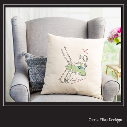 Vintage Girl on Swing Machine Embroidery Design | Artistic Line Art Embroidery | Nostalgic Childhood Pattern | 6 Sizes (1835)