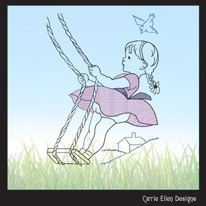 Vintage Girl on Swing Machine Embroidery Design | Artistic Line Art Embroidery | Nostalgic Childhood Pattern | 6 Sizes (1835)