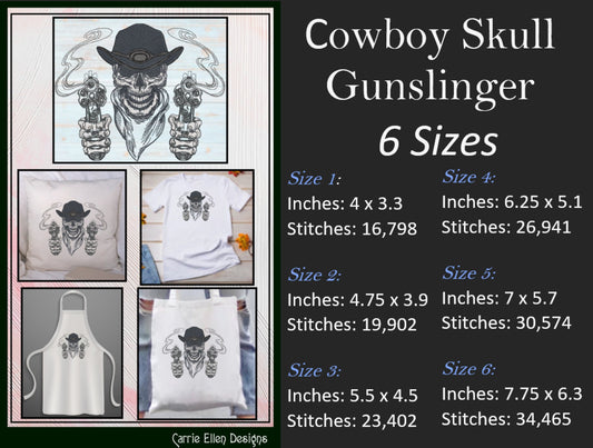 Cowboy Machine Embroidery Design, Wild West Smoking Gun Gunslinger Skeleton Embroidery Sketch Design, 6 Sizes (1914)