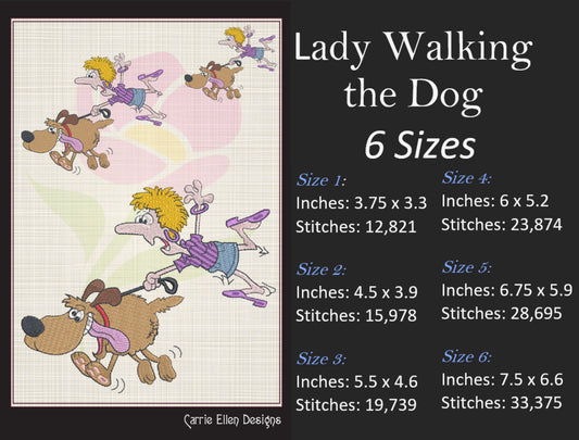 Lady Being Pulled By Her Dog Machine Embroidery Design – Funny Dog Lover Cartoon, 6 Sizes (1062)