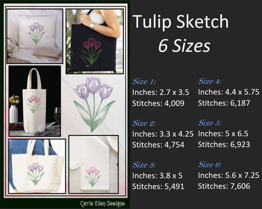 Tulips Embroidery Design | Sketched Floral Tulip Machine Embroidery Pattern | Delicate Flower Bunch in 6 Sizes (1943)