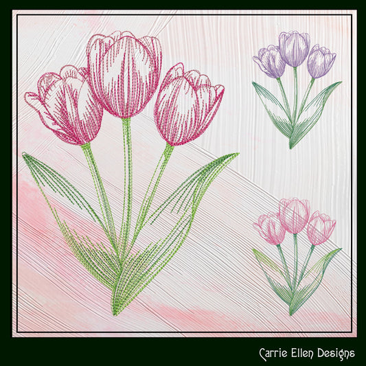 Tulips Embroidery Design | Sketched Floral Tulip Machine Embroidery Pattern | Delicate Flower Bunch in 6 Sizes (1943)