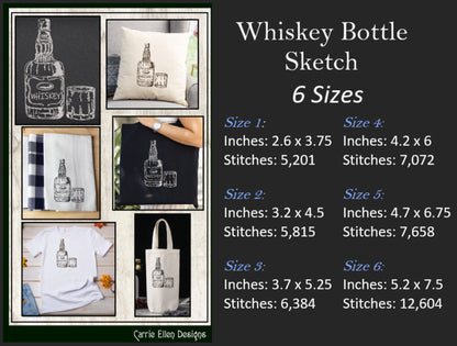 Whiskey Bottle Sketch Machine Embroidery Design, Alcohol Beverage and High Ball Glass Design, Line Art Embroidery, 6 Sizes (2291)