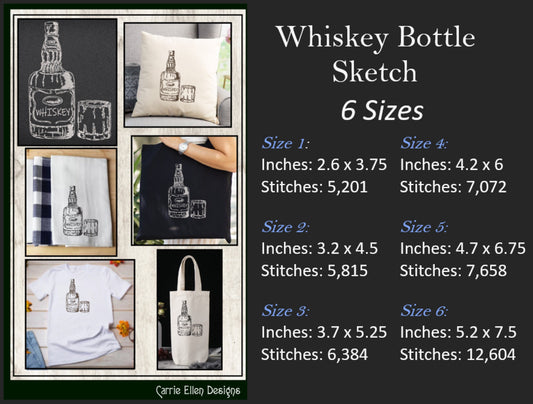 Whiskey Bottle Sketch Machine Embroidery Design, Alcohol Beverage and High Ball Glass Design, Line Art Embroidery, 6 Sizes (2291)