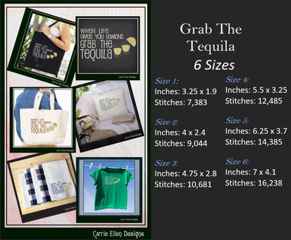 Grab the Tequila Machine Embroidery Design, Fun and Sarcastic Sayings, When Life Gives You Lemons Quote, 6 sizes (2335)