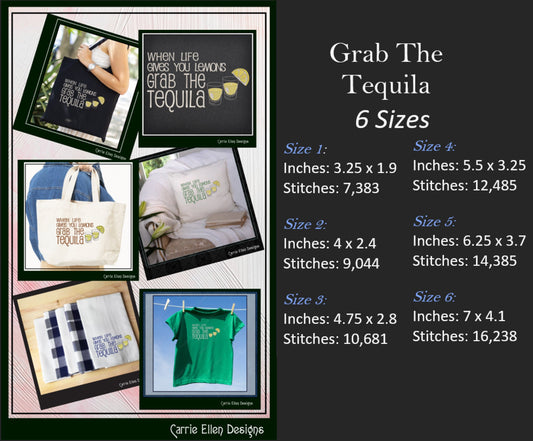 Grab the Tequila Machine Embroidery Design, Fun and Sarcastic Sayings, When Life Gives You Lemons Quote, 6 sizes (2335)